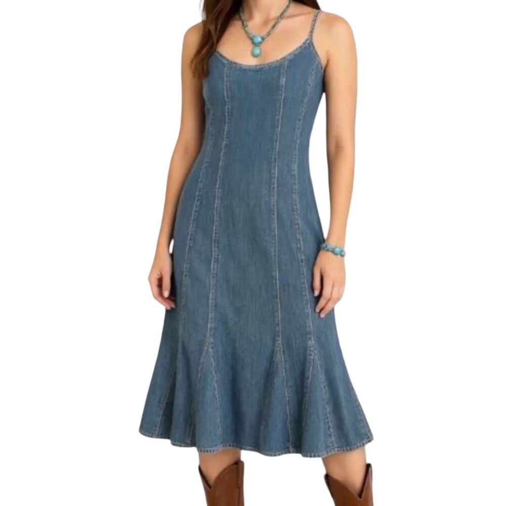 Y2K Lauren Jeans Co Ralph Lauren Denim Spaghetti Strap Paneled Midi Dress Sz 10